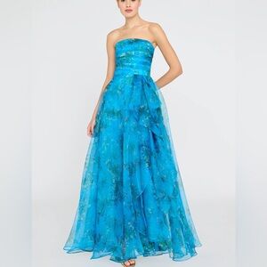 Theia Anaclara Strapless Blue Floral Gown